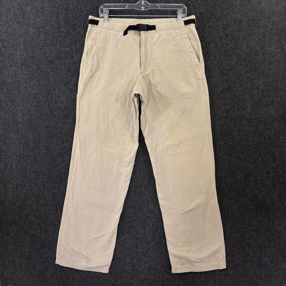 PrAna Pants Men's 32x32 Khaki Canvas Belted Hiking Adjustable Waist Relaxed